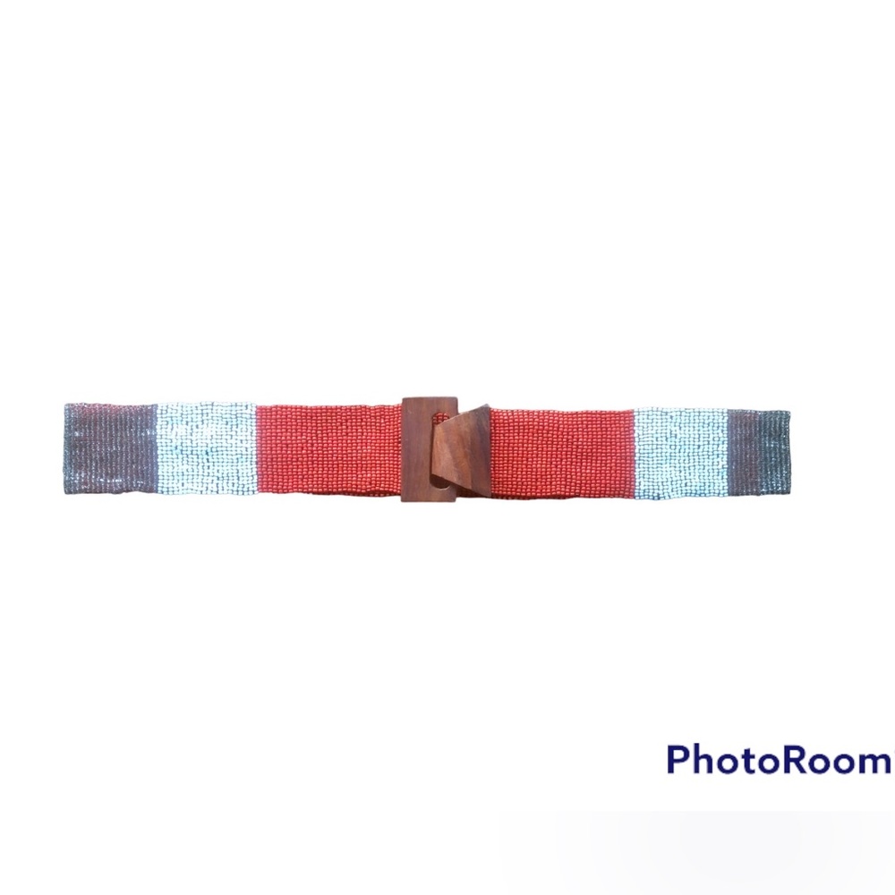 Vintage Beaded Belt with Wooden Buckle size L